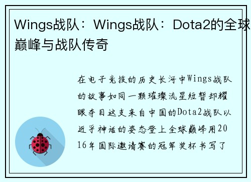 Wings战队：Wings战队：Dota2的全球巅峰与战队传奇