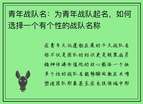 青年战队名：为青年战队起名，如何选择一个有个性的战队名称